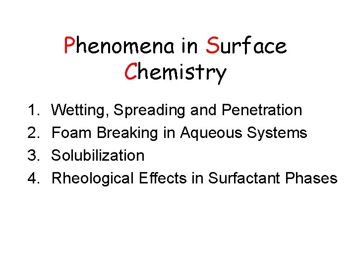 Phenomena in Surface Chemistry 1. 2. 3. 4. Wetting, Spreading and Penetration Foam Breaking