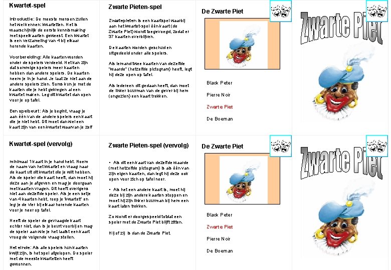 Kwartet-spel Zwarte Pieten-spel Introductie: De meeste mensen zullen het wel kennen: kwartetten. Het is