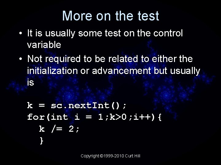 More on the test • It is usually some test on the control variable