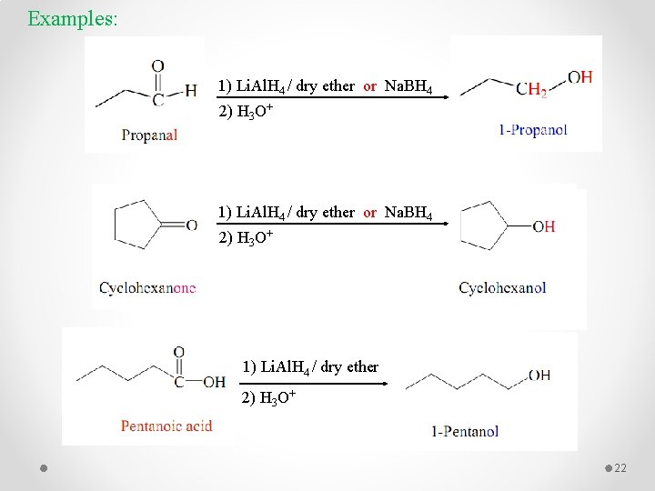 Examples: 1) Li. Al. H 4 / dry ether or Na. BH 4 2)