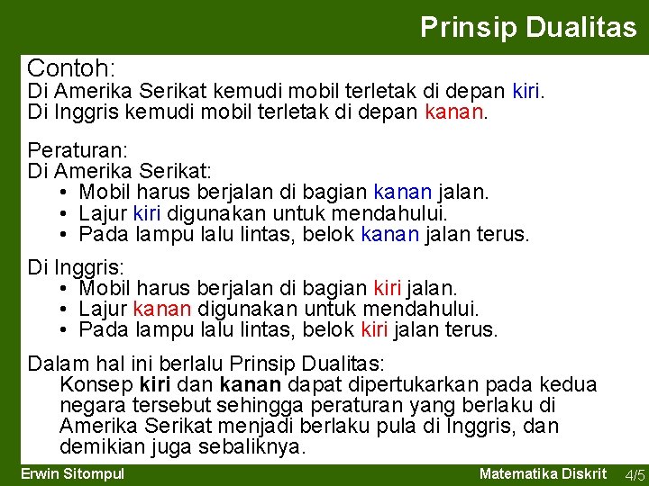 Prinsip Dualitas Contoh: Di Amerika Serikat kemudi mobil terletak di depan kiri. Di Inggris