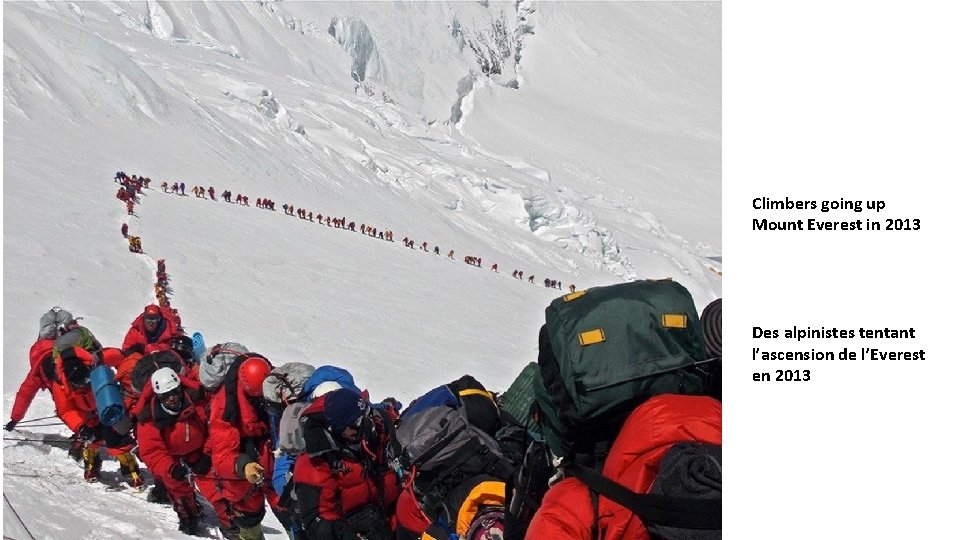 Climbers going up Mount Everest in 2013 Des alpinistes tentant l’ascension de l’Everest en