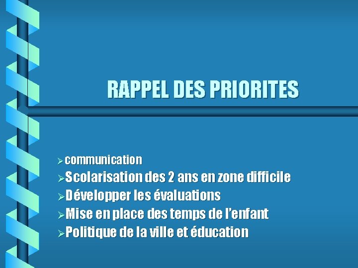 RAPPEL DES PRIORITES Øcommunication ØScolarisation des 2 ans en zone difficile ØDévelopper les évaluations