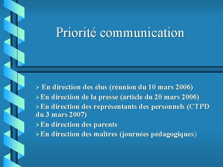 Priorité communication Ø En direction des élus (réunion du 10 mars 2006) ØEn direction