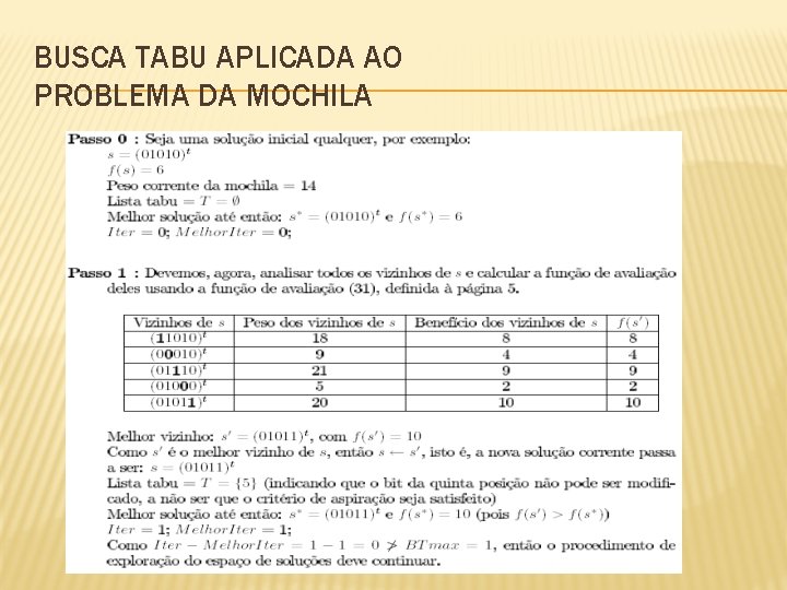 BUSCA TABU APLICADA AO PROBLEMA DA MOCHILA 