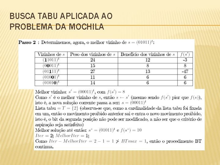 BUSCA TABU APLICADA AO PROBLEMA DA MOCHILA 