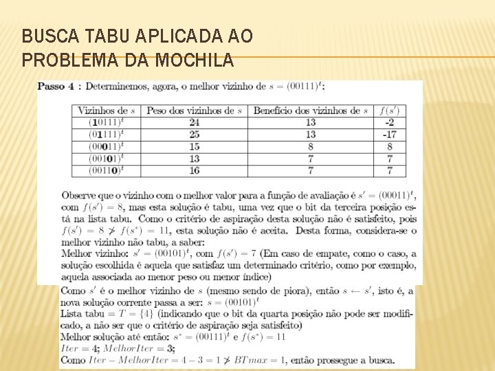 BUSCA TABU APLICADA AO PROBLEMA DA MOCHILA 