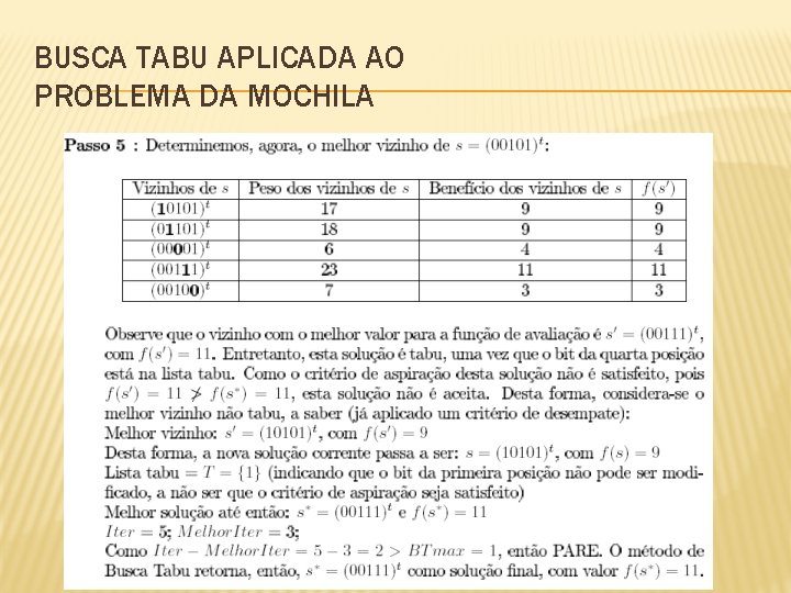 BUSCA TABU APLICADA AO PROBLEMA DA MOCHILA 