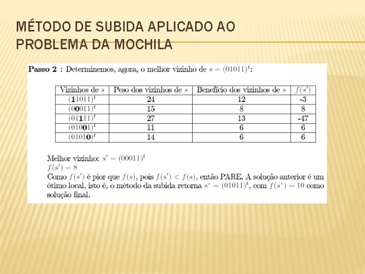 MÉTODO DE SUBIDA APLICADO AO PROBLEMA DA MOCHILA 