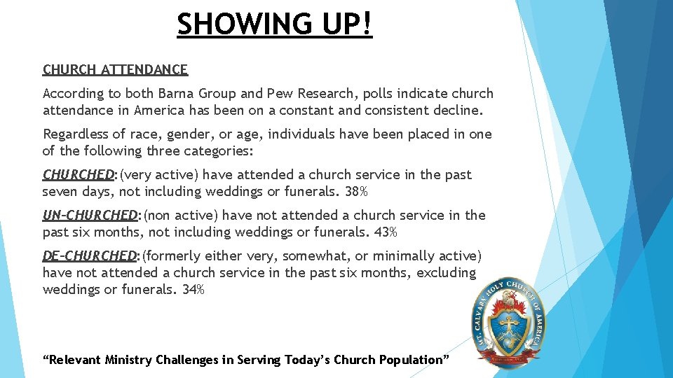 SHOWING UP! CHURCH ATTENDANCE According to both Barna Group and Pew Research, polls indicate