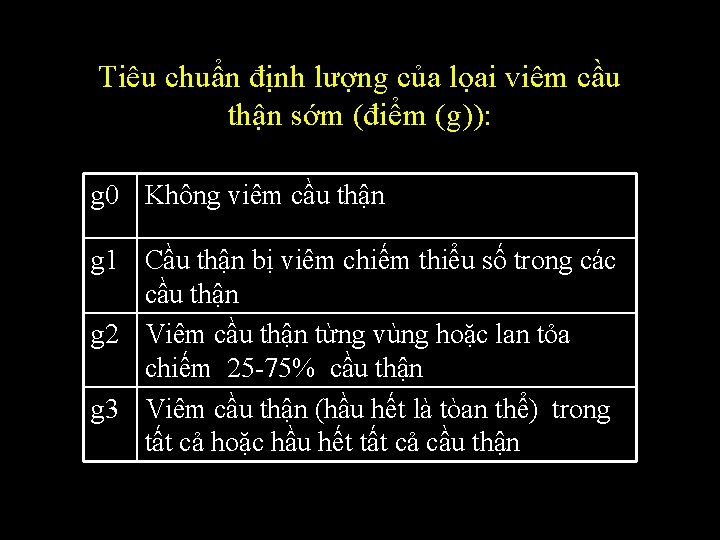 Tiêu chuẩn định lượng của lọai viêm cầu thận sớm (điểm (g)): g 0