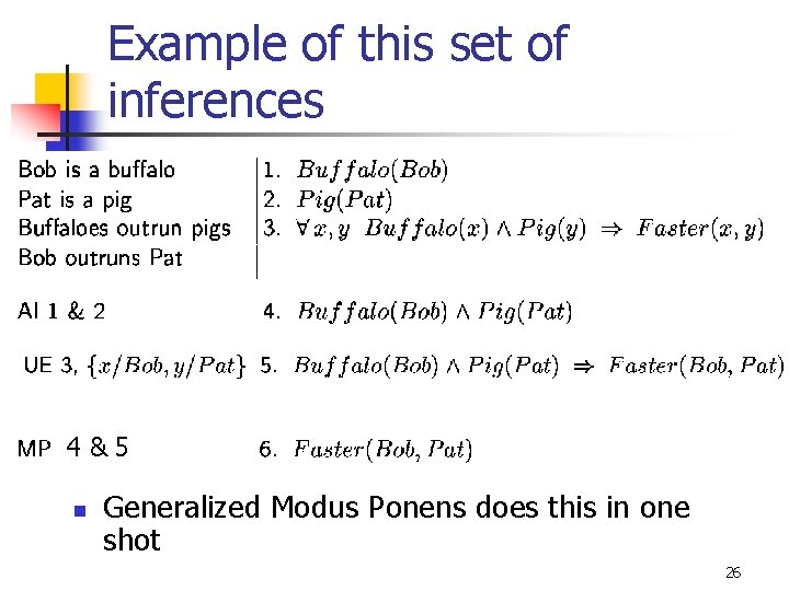 Example of this set of inferences 4&5 n Generalized Modus Ponens does this in