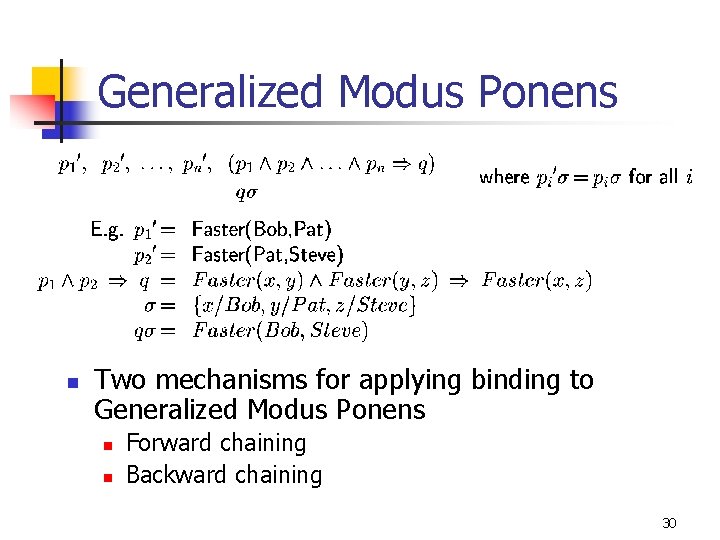 Generalized Modus Ponens n Two mechanisms for applying binding to Generalized Modus Ponens n