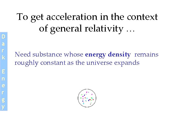 D a r k E n e r g y To get acceleration in D a r k E n e r g y To get acceleration in