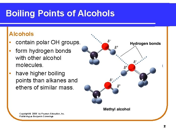 Boiling Points of Alcohols • contain polar OH groups. • form hydrogen bonds with