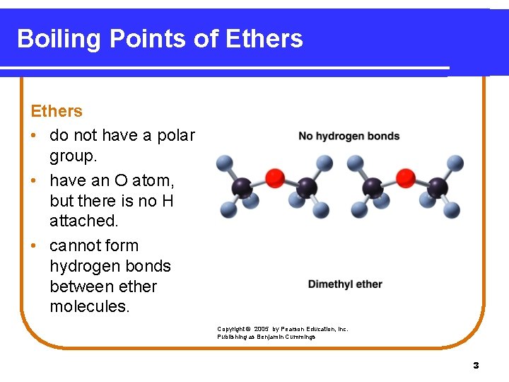 Boiling Points of Ethers • do not have a polar group. • have an