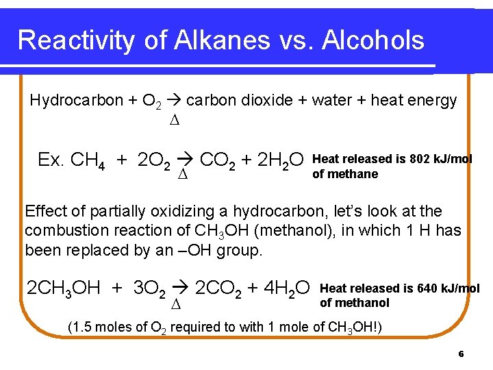 Reactivity of Alkanes vs. Alcohols Hydrocarbon + O 2 carbon dioxide + water +