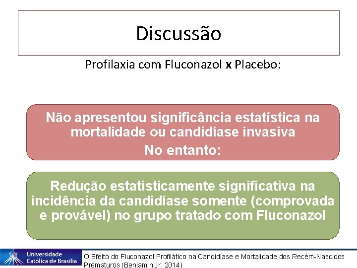 Discussão Profilaxia com Fluconazol x Placebo: Não apresentou significância estatística na mortalidade ou candidíase