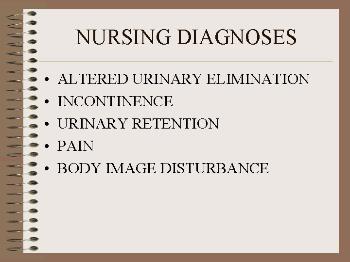 NURSING DIAGNOSES • • • ALTERED URINARY ELIMINATION INCONTINENCE URINARY RETENTION PAIN BODY IMAGE