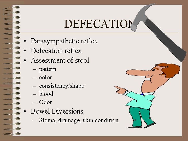 DEFECATION • Parasympathetic reflex • Defecation reflex • Assessment of stool – – – DEFECATION • Parasympathetic reflex • Defecation reflex • Assessment of stool – – –