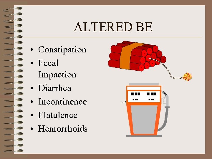 ALTERED BE • Constipation • Fecal Impaction • Diarrhea • Incontinence • Flatulence •