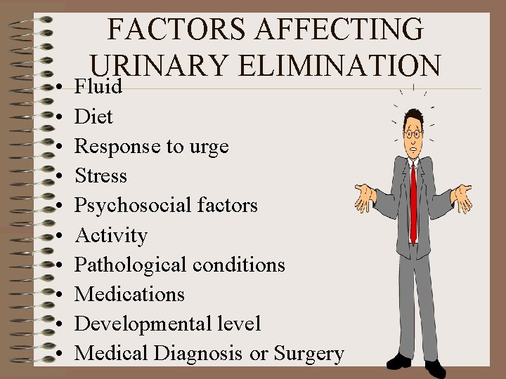 • • • FACTORS AFFECTING URINARY ELIMINATION Fluid Diet Response to urge Stress • • • FACTORS AFFECTING URINARY ELIMINATION Fluid Diet Response to urge Stress