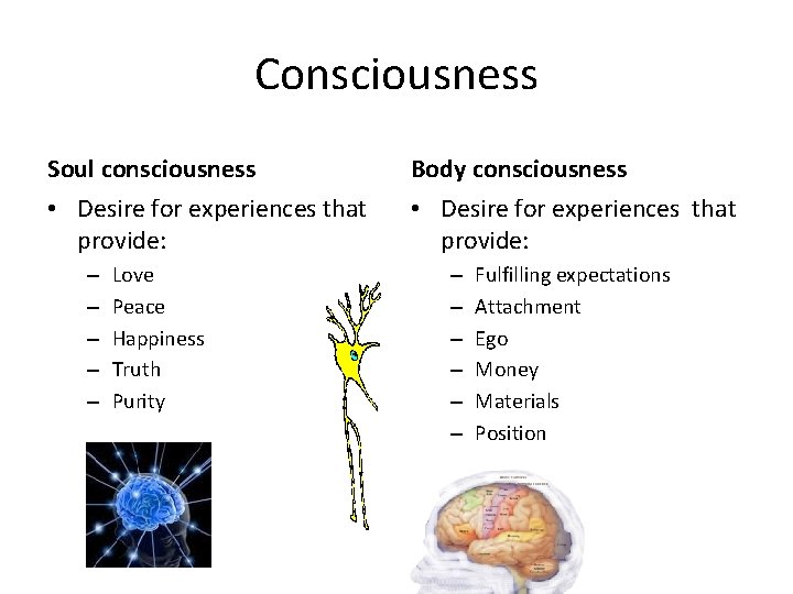 Consciousness Soul consciousness Body consciousness • Desire for experiences that provide: – – –