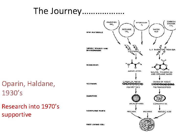 The Journey………………. Oparin, Haldane, 1930’s Research into 1970’s supportive 