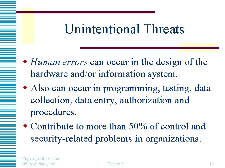 Unintentional Threats w Human errors can occur in the design of the hardware and/or