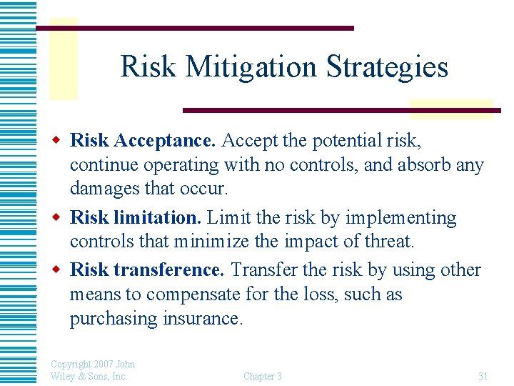 Risk Mitigation Strategies w Risk Acceptance. Accept the potential risk, continue operating with no