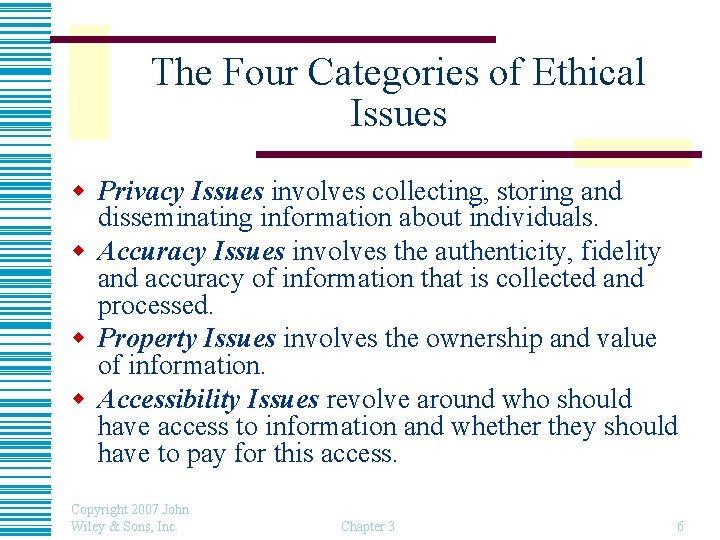 The Four Categories of Ethical Issues w Privacy Issues involves collecting, storing and disseminating