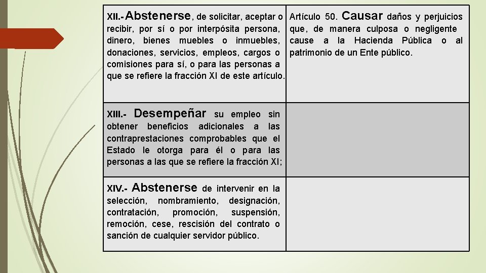 XII. - Abstenerse, de solicitar, aceptar o recibir, por sí o por interpósita persona,