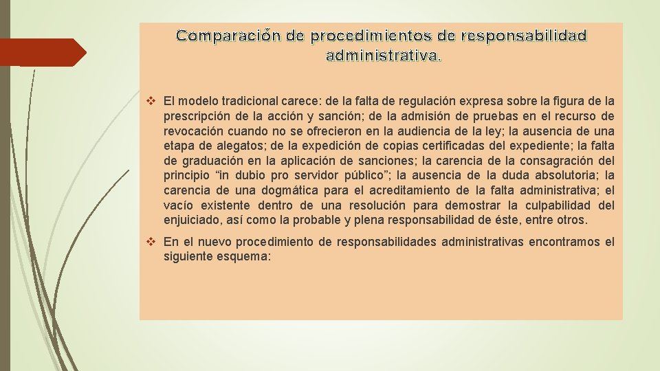 Comparación de procedimientos de responsabilidad administrativa. v El modelo tradicional carece: de la falta