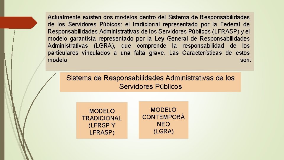 Actualmente existen dos modelos dentro del Sistema de Responsabilidades de los Servidores Púbicos: el