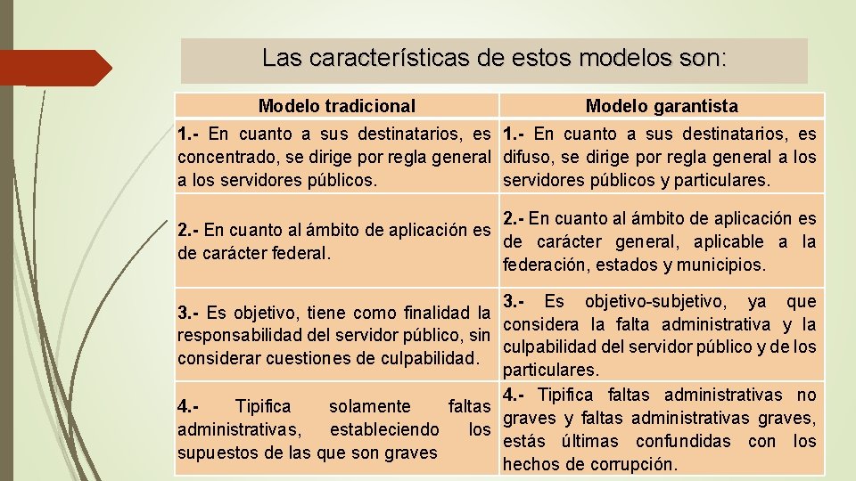 Las características de estos modelos son: Modelo tradicional Modelo garantista 1. - En cuanto