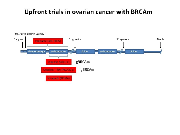 Upfront trials in ovarian cancer with BRCAm Operative staging/Surgery Diagnosis Veliparib (GOG 3005) chemotherepy