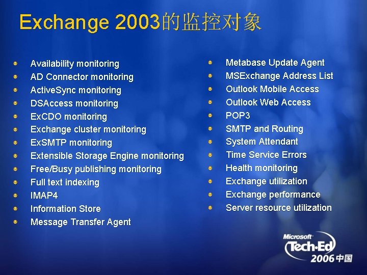 Exchange 2003的监控对象 Availability monitoring AD Connector monitoring Active. Sync monitoring DSAccess monitoring Ex. CDO