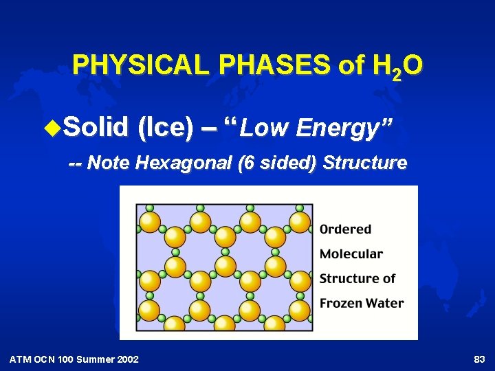 PHYSICAL PHASES of H 2 O u. Solid (Ice) – “Low Energy” -- Note