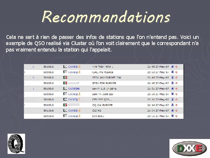 Recommandations Cela ne sert à rien de passer des infos de stations que l'on