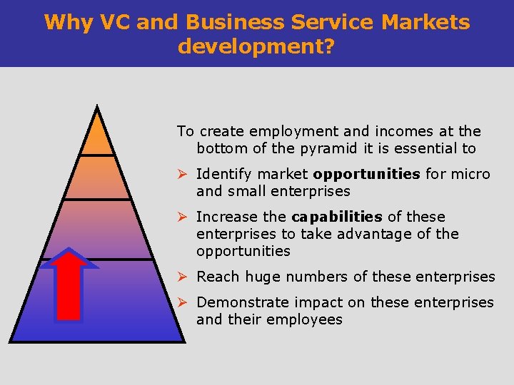 Why VC and Business Service Markets development? To create employment and incomes at the