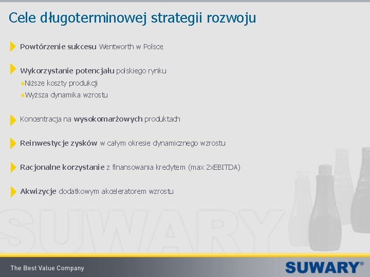 Cele długoterminowej strategii rozwoju Powtórzenie sukcesu Wentworth w Polsce Wykorzystanie potencjału polskiego rynku ●Niższe