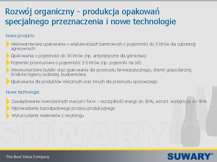 Rozwój organiczny - produkcja opakowań specjalnego przeznaczenia i nowe technologie Nowe produkty Wielowarstwowe opakowania