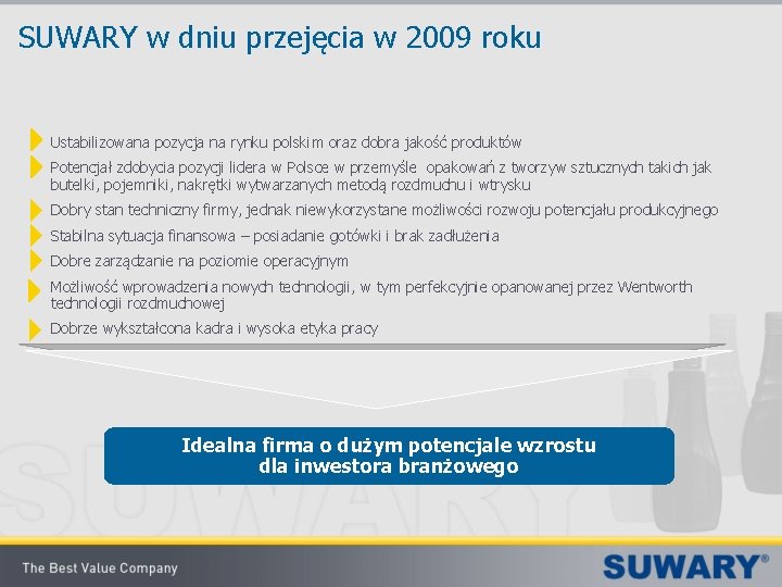 SUWARY w dniu przejęcia w 2009 roku Ustabilizowana pozycja na rynku polskim oraz dobra