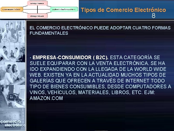 Tipos de Comercio Electrónico 8 EL COMERCIO ELECTRÓNICO PUEDE ADOPTAR CUATRO FORMAS FUNDAMENTALES EMPRESA-CONSUMIDOR