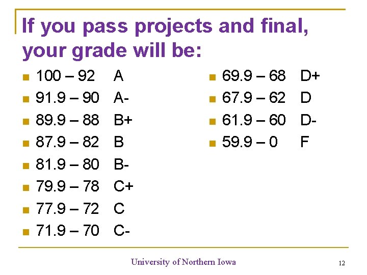 If you pass projects and final, your grade will be: 100 – 92 91.
