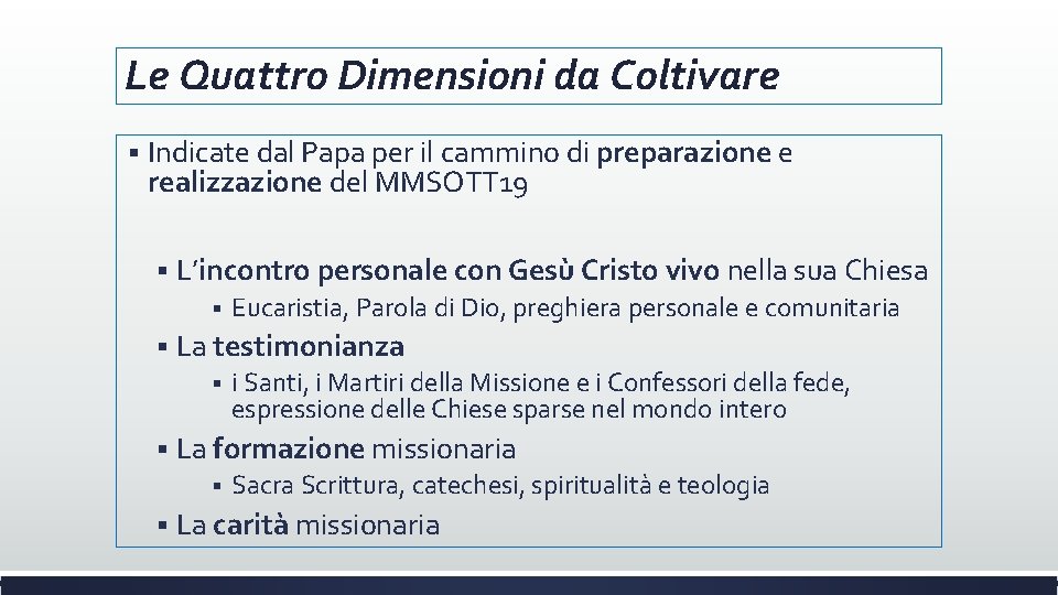 Le Quattro Dimensioni da Coltivare § Indicate dal Papa per il cammino di preparazione