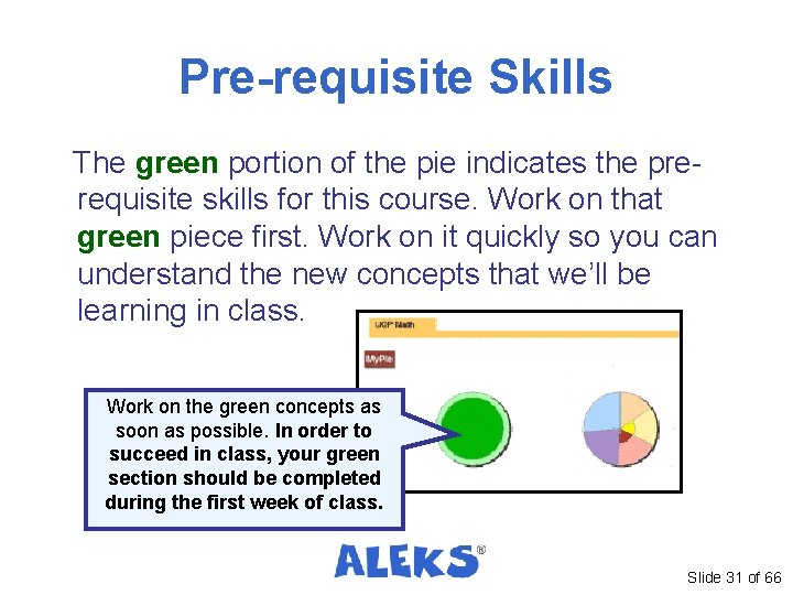 Pre-requisite Skills The green portion of the pie indicates the prerequisite skills for this Pre-requisite Skills The green portion of the pie indicates the prerequisite skills for this