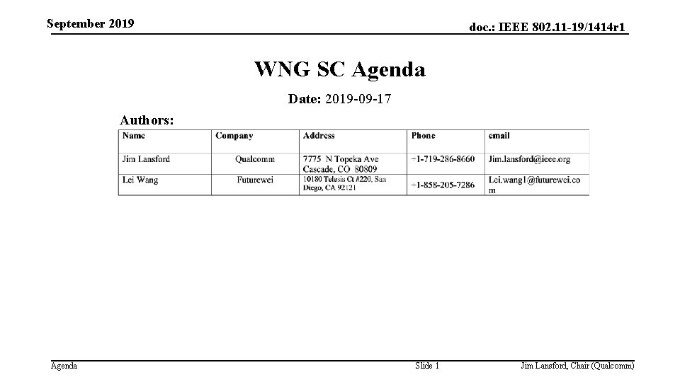 September 2019 doc. : IEEE 802. 11 -19/1414 r 1 WNG SC Agenda Date: