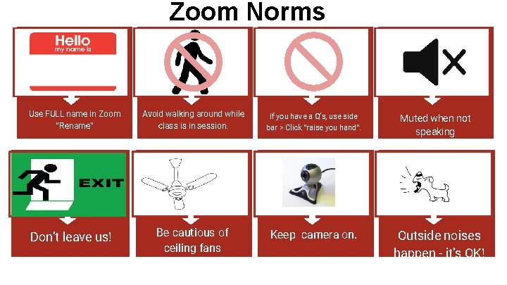 Zoom Norms Use FULL name in Zoom “Rename” Don’t leave us! Avoid walking around