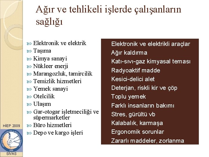 Ağır ve tehlikeli işlerde çalışanların sağlığı Elektronik ve elektrik Taşıma Kimya HİEP 2009 sanayi